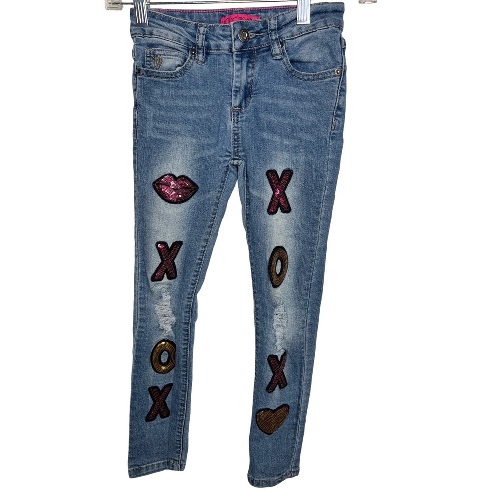 Betsey Johnson Kids Sequin Patch Skinny Jeans Blue XOXO Lips Distressed Denim